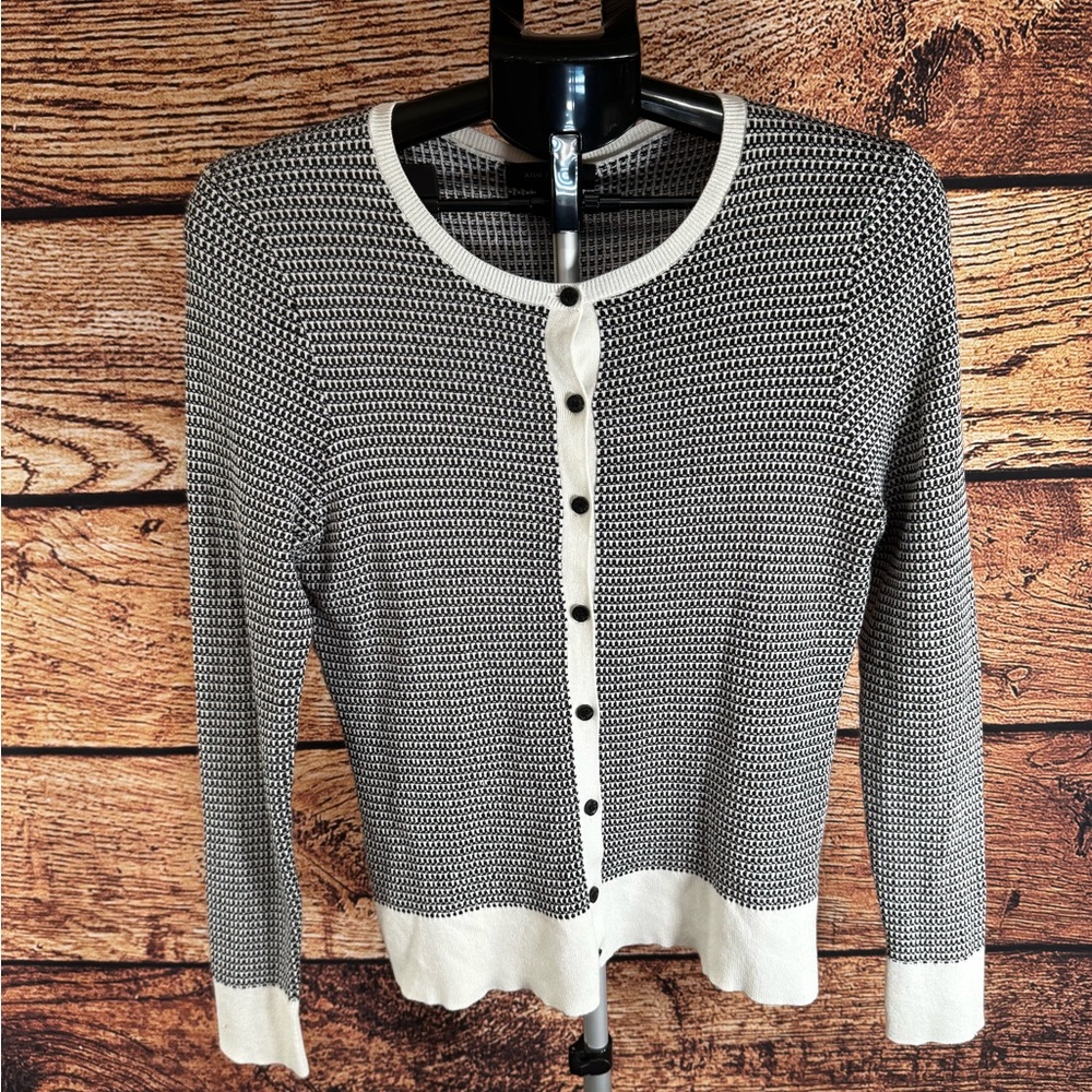 Ann Taylor Womens Black White Textured Knit Button Front Cardigan Sweater Large